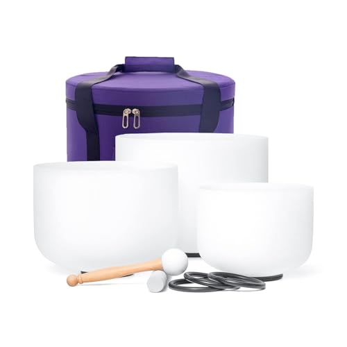 Hye-eun 3pcs 8"B 10"F 12"C Frosted Quartz Crystal Singing Bowl Set 432hz with Free Carry Bag Mallets & Rubber for Sound Healing Bath Keep Balance Therapy Meditation Yoga