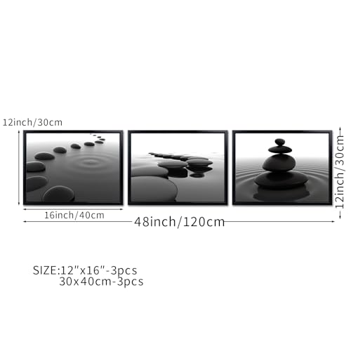 iKNOW FOTO 3pcs Black and White Zen Wall Art Stones in Water Canvas Prints with Black Frame for Bathroom Yoga Meditation Spa Living Room Bedroom Wall Decor Framed Ready to Hang 12x16 Inches