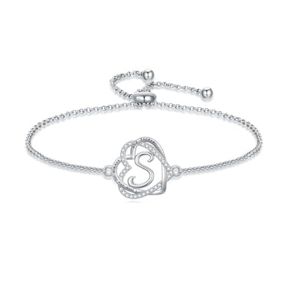 TOUPOP Bracelet for Women Heart Initial Birthstone Bracelet 925 Sterling Silver Love Heart Jewelry Birthday Gifts for Women Wife Girlfriend Mom Her