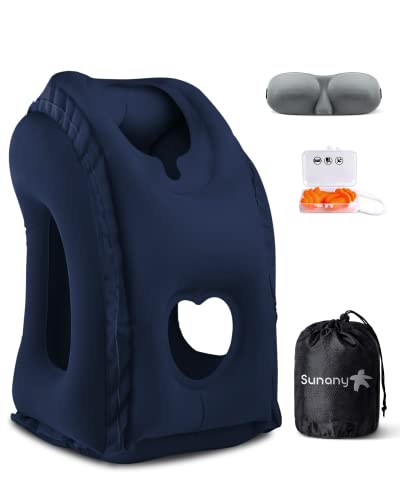 Sunany Travel Pillow, Inflatable Neck Pillow Used for Airplanes/Cars/Buses/Trains/Office Napping with Eye Mask/Earplugs (Blue) - color: Blue