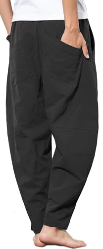 Men's Casual Cotton Linen Pants Elastic Waist Drawstring Beach Summer Lightweight Trousers - color: Black, size: 30