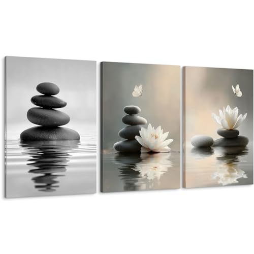 Lotus Wall Art Zen Stones in The Water Bathroom Calming Meditation Butterfly Framed Breathe Spiritual Canvas for Bathroom Living Room Yoga, Set of 3, 12x16 Inch - Ready to Hang - color: Lotus and Stones, size: 12" x 16"x3