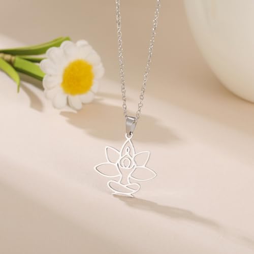 UNIFT Lotus Meditation Necklace For Women Stainless Steel Om Yoga Spiritual Symbol Hollow Out Hindu Yoga Jewelry Inspirational Amulet Gift - color: silver