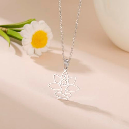 UNIFT Lotus Meditation Necklace For Women Stainless Steel Om Yoga Spiritual Symbol Hollow Out Hindu Yoga Jewelry Inspirational Amulet Gift - color: silver
