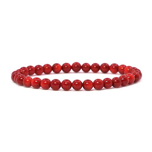 Justinstones Gem Semi Precious Gemstone 6mm Round Beads Stretch Bracelet 6.5 Inch - color: Dyed Red Coral