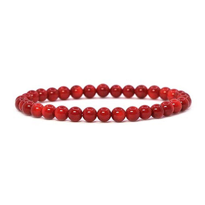 Justinstones Gem Semi Precious Gemstone 6mm Round Beads Stretch Bracelet 6.5 Inch - color: Dyed Red Coral