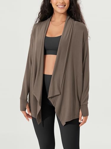 ODODOS Women's Drape Open Front Cardigans Cozy Soft Long Sleeve Casual Wrap Outerwear with Pockets Thumb Hole - color: Desert Palm, size: XX-Large
