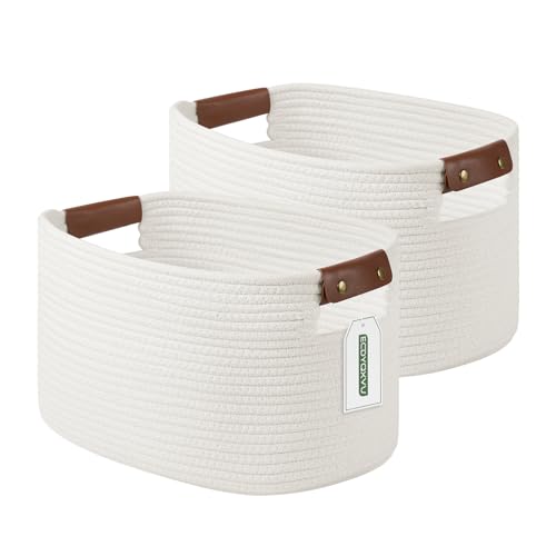ECDYQXVU Cotton Rope Basket, Storage Baskets with Handle, 15x10x9 Inch Woven Basket for Shelves, Laundry, Towels, Clothes, Books (White 2Pack) - color: White-2Pack, size: 2 Pack