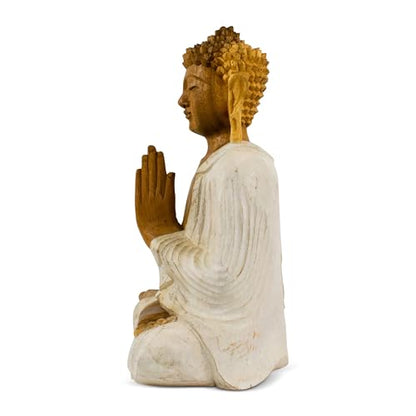 G6 Collection Wooden Serene Sitting Buddha Statue Handmade Meditating Sculpture Figurine Home Decor Accent Wood Hand Carved Modern Contemporary Oriental Buddha Anjali Mudra (8" Tall – Whitewashed)