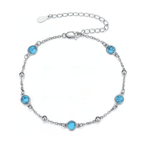 Anklet Bracelet for Women 925 Sterling Silver Natural Stone Chain Bead Ankle Bracelet Beach Summer Fine Jewelry Mothers Day Birthday Gifts for Women Mom Wife