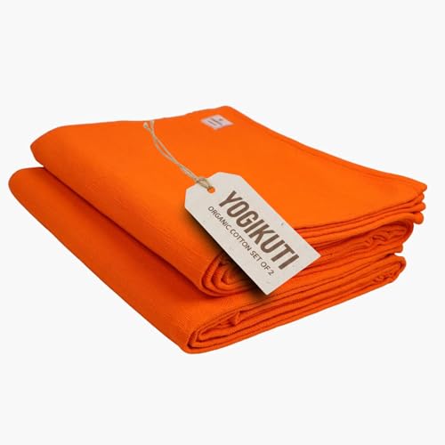 Yogikuti Iyengar Cotton Yoga Blanket Set of Two – Thick Handwoven Yoga Blankets for Restorative Yoga, Meditation & Pranayama – Premium Cotton Yoga Blanket for Support & Comfort in Pranayama (Orange) - color: Orange