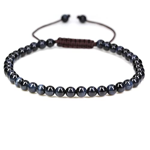 Keleny Natural Gemtones 4mm Round Beads Crystal Adjustable Braided Macrame Tassels Bracelets Unisex - color: Blue Tiger Eye