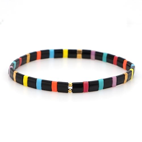 Summer Candy Colors Tila Flat Seed Beads Stretch Strand Bracelet for Women- Trendy Unique Friendship Handmade Mixed Colorful Square Beaded Link Bracelets Stackable Jewelry Gifts - color: 0246D