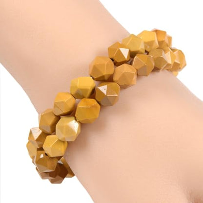 Justinstones 8mm Natural Gemstone Round Beads Triangle Faceted Charm Stretch Bracelet 6.5" - color: Yellow Mookaite Jasper