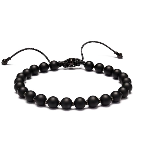 Men’s Beaded Bracelet Adjustable, Natural Texture Beads with Stainless Steel Spacers, Braided Cord, Minimal Everyday Bracelet for Men & Women - color: Matte Black 6mm