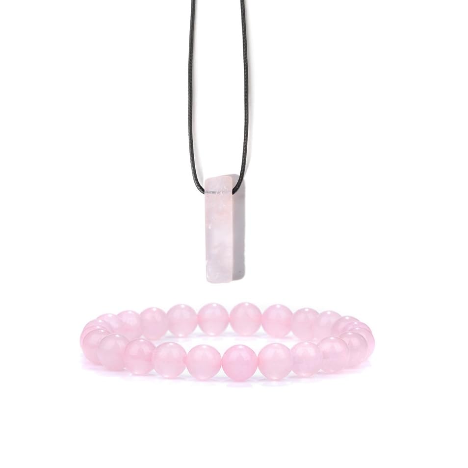 Pingyongchang Stress Relief Anxiety Yoga Bracelets Necklace Set,Healing Crystal Stone Mantra Bracelets for Women Natural Crystal Stone birthday Gifts For Teen Girls Black Leather Necklace for Men - color: Rose Quartz