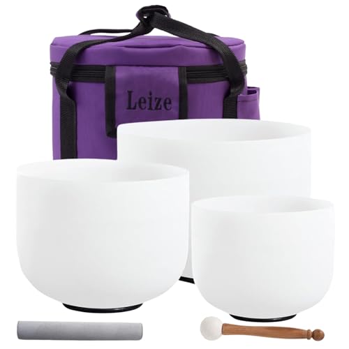Leize Crystal Singing Bowl Tuned Quartz with Suede Striker Carry Case Bag, Set of 3 PCS 432HZ 6" A 8" F 10" C, Frosted White - color: white set, size: Set of 3, 6"A Note + 8"F Note + 10"C Note, 432 hz