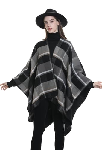 Shawl Wraps for Women, Elegant Knitted Cape Open Front Poncho Scarf Blanket Cardigan Coat for Spring, Autumn, and Winter - color: Gray Black Khaki