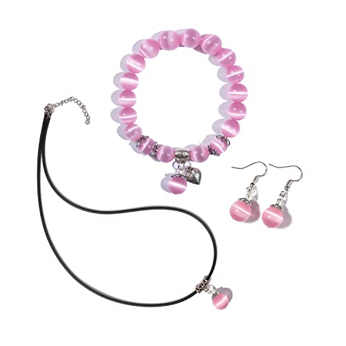 Natural Stretch Gemstone Bracelet Healing Stone Beaded Bracelets for Women Men Gifts (Unisex) - color: Pink 3pc