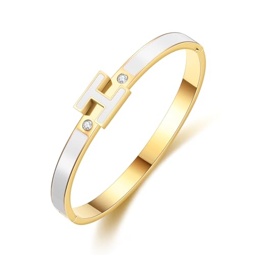 Gold Bracelets for Women, H Bangle Bracelet, Dainty 18K Gold Plated Stainless Steel Enamel Bracelet for Everyday, Work, Party, Stackable Gift for Mom, Wife, Girlfriend - color: White