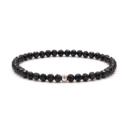 BERGERLIN Real natural stone bracelet - Tested and certified in Germany - Genuine bracelets with 925 Sterling silver pearl and faceted pearls - color: Onyx (agate color treated), size: Medium