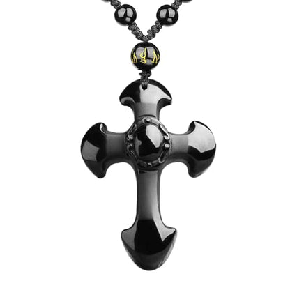 Black Obsidian Necklace Protection Pendant with Extended Bead Chain Healing Crystal Stone Amulet Necklace for Men Women - color: CrossA