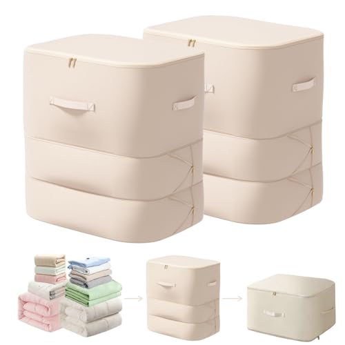 Ultra Space Saving Self Compression Organizer, 3-Layer Zipper Large Capacity Storage Bag, Thick Satin Fabric Heavy Duty Bags for Comforters Blankets Bedding Duvet (Beige, X-Large, 2PCS) - color: XL-3Layers-Beige-2PCS