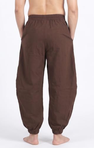 perdontoo Mens Casual Cotton Linen Pant Elastic Waist Drawstring Yoga Jogger Pants - color: Brown, size: Medium