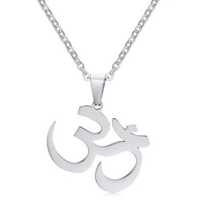 Stainless Steel Om Necklace for Men Women, gold plated/Silver/Black Yoga Charm Pendant Necklaces Aum Om Ohm Sanskrit Symbol Hindu Meditation Chain Necklace,Mens Womens Jewelry Gifts - color: Polished Silver