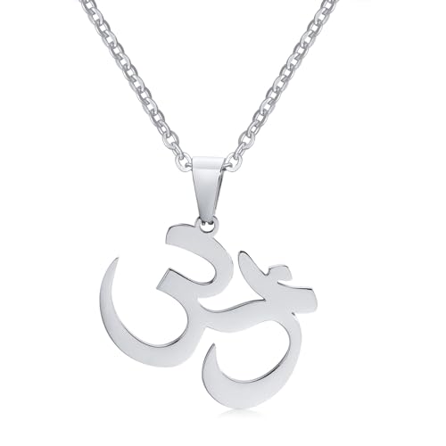 Stainless Steel Om Necklace for Men Women, gold plated/Silver/Black Yoga Charm Pendant Necklaces Aum Om Ohm Sanskrit Symbol Hindu Meditation Chain Necklace,Mens Womens Jewelry Gifts - color: Polished Silver
