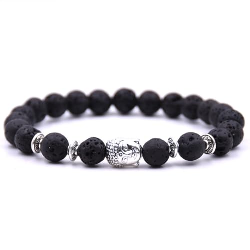 Handmade Buddha Charm Bracelet – Healing Stone Beads Bracelet with Buddha Charm, Mala Beads Yoga Beads – Stretch Bead Bracelet for Men and Women - style: Lava