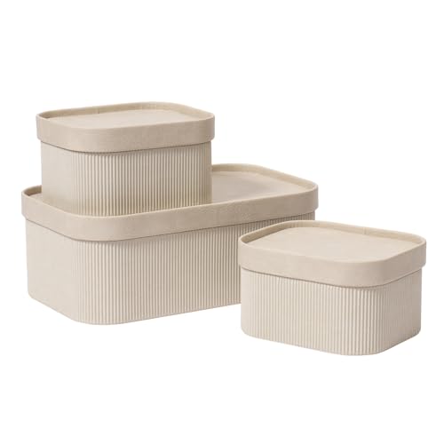 La Jolie Maison Fluted Cardboard Storage Baskets with Leather-Like Lids, Sturdy Stackable Paper Boxes Decorative Tray,Set of 3 Ivory - color: Ivory, style: Paper