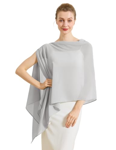 Chiffon Cape Shawl Wrap Scarf 3 Ways to Wear Elegant Sheer Capelet for Evening Dresses Weddings Parties - color: Silver
