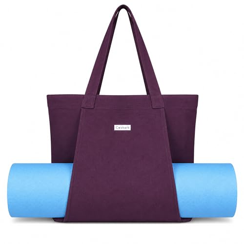 Yoga Mat Bag for Women, 100% Cotton Canvas Tote with Wet/Dry Pocket, Bottle Holder and Inner Zipper Pocket, 25L Carrier for Pilates and Travel - color: Purple