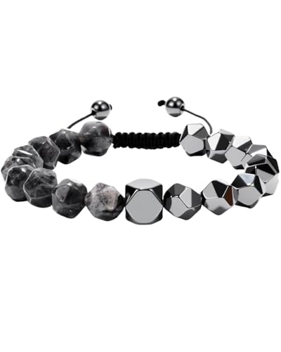 Beaded Bracelet for Men, 10mm Natural Stones Bracelet for Men's Gift, Adjustable Precision-Cut Gemstone Crystal Healing Bracelet, Protection Jewelry Gift with Hematite, Tiger Eye - style: Black Labradorite & Hematite