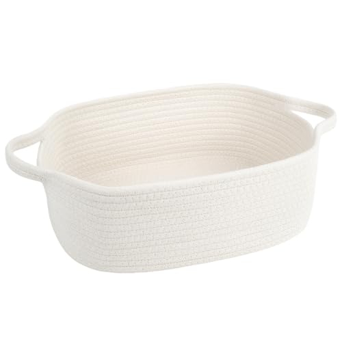 Cotton Rope Storage Basket with Handles, Natural Woven Basket, Decorative Rectangle Organizer Bin for Home, Nursery, Montessori, Dog Toy Storage and Bathroom Organization, White - color: Off-White, size: 14.2" L × 10.4" W × 5.1" H