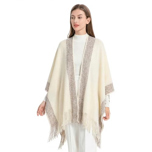 ZLYC Women's Shawl Golden Trim Knit Blanket Wrap Fringe Poncho Coat Cardigan - color: Plain Cream White
