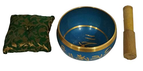 Purpledip Bell Metal Singing Bowl: Dhyana Musical Instrument for Meditation, 4.5 Inches, Blue (12128) - style: Scripture design | 4.5 inches | Blue
