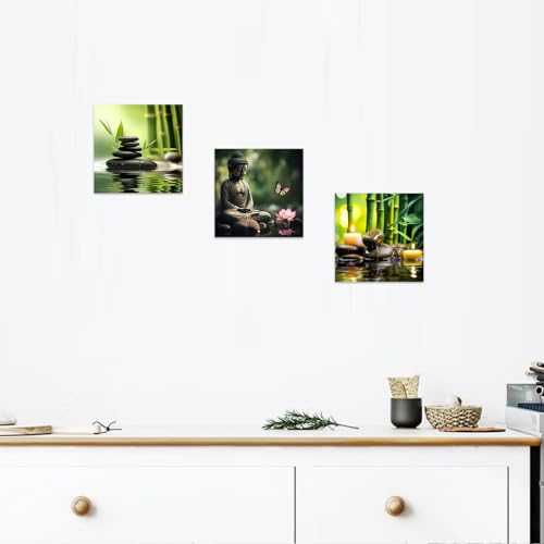 CCWACPP Zen Canvas Wall Art 3 Piece Bamboo Spa Pictures Zen Stones Candles Painting Buddha Print Bathroom Beauty Treatment Meditation Room Decor Framed (12"x12"x3)