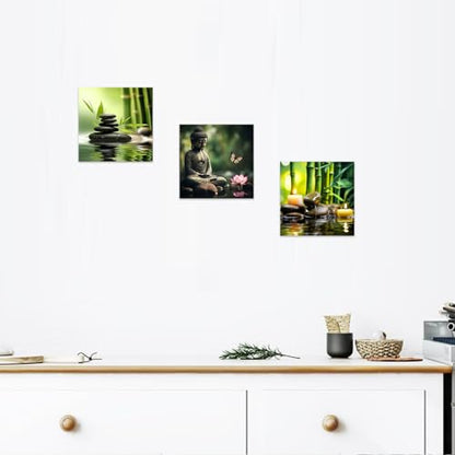 CCWACPP Zen Canvas Wall Art 3 Piece Bamboo Spa Pictures Zen Stones Candles Painting Buddha Print Bathroom Beauty Treatment Meditation Room Decor Framed (12"x12"x3)