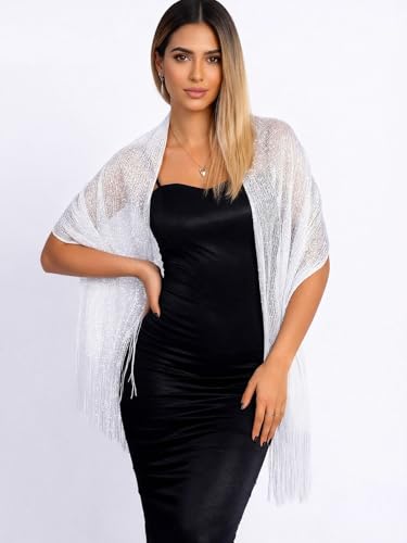 Sumolux Shawls Wraps for Evening Dresses Metallic Glitter Shawls Scarf for Women Sparkling Wedding with Free Buckle - color: White