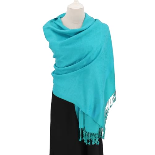 Silky Paisley Pashmina Shawl Scarf-Women's Soft Double-side Jacquard Pashminas Wrap for Evening Dress Travel Shawl - color: A-aqua
