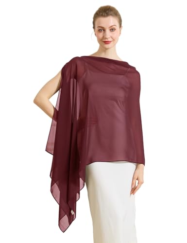 Chiffon Cape Shawl Wrap Scarf 3 Ways to Wear Elegant Sheer Capelet for Evening Dresses Weddings Parties - color: Burgundy