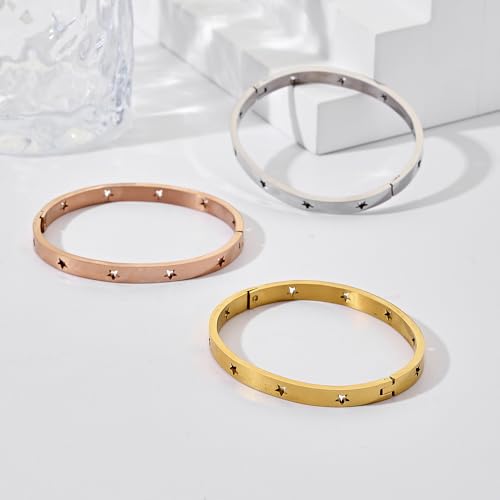 Gold Bangle for Women - 18K Gold Plated Stainless Steel Love Friendship Crystal Bracelets with Cubic Zirconia - color: star bangle - silver
