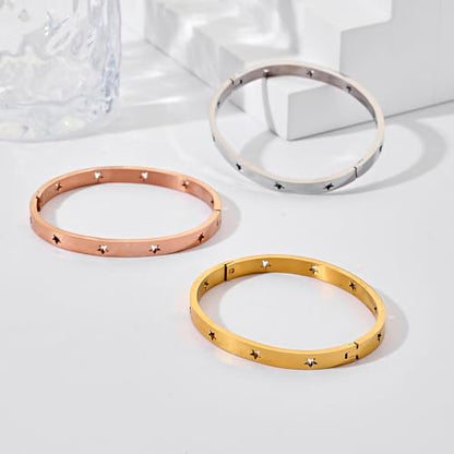 Gold Bangle for Women - 18K Gold Plated Stainless Steel Love Friendship Crystal Bracelets with Cubic Zirconia - color: star bangle - silver