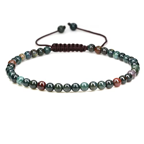 Keleny Natural Gemtones 4mm Round Beads Crystal Adjustable Braided Macrame Tassels Bracelets Unisex - color: Green Bloodstone Heliotrope