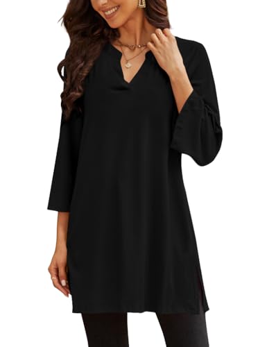 Poetsky Womens Tunic Tops 3/4 Bell Sleeve Loose Fit Tunics Dressy Casual Side Split Flare Top for Leggings S-3XL - color: Black, size: Small