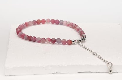 Crystal Bracelet for Women, Natural 4mm Faceted Beads Adjustable Bracelet, Small Beaded Healing Gemstone Bracelet - color: Pink Tourmaline
