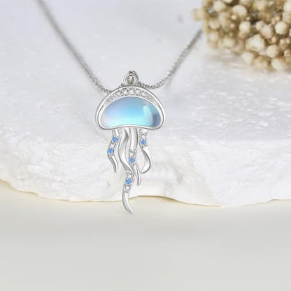 Sterling Silver Cute Animal Pendant Necklace Fox/Snake/Unicorn/Owl on Moon/Rabbit/Horse Necklace Jewelry for Women Mom Sister - style: Jellyfish