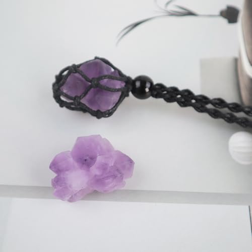 Natural unprocessed crystal raw stone hand woven rope adjustable necklace pendant for both men and women - color: A-Amethyst cluster 1
